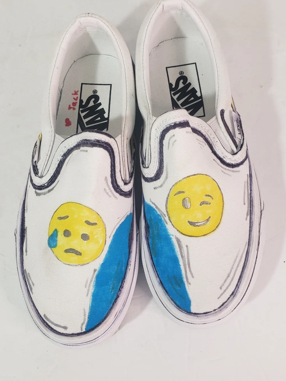 Vans Kids White Slip-On Sneakers with Yellow Sad Emoji and Blue Accents Sz: 3.5